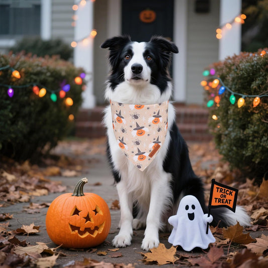 ADOGGYGO Halloween Dog Bandanas, Ghost Pumpkin Witch Scarf, Multi Size, Black Orange Halloween Bandanas for Medium Large Dogs Pets (Large)