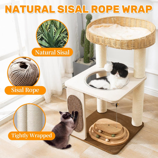 Modern Cat Tree for Indoor Cats with Sisal Rope Scratching Posts, Hand-Woven Cat Condo & Top Perch, Space Capsule Cats Nest, Cute Cat Tree with Interactive Cat Toy
