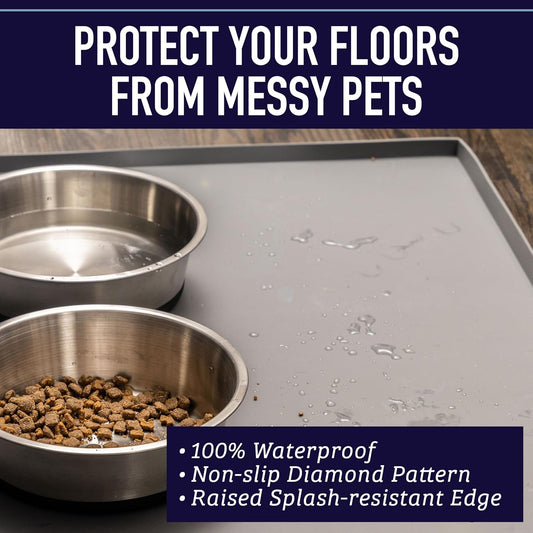 Leash Boss Cat Food Mat & Pet Feeding Tray - 30" x 22" Gray XXL - Waterproof Silicone Tray - Raised Edges Non-Slip for Dog Bowl & Dog Water Bowl