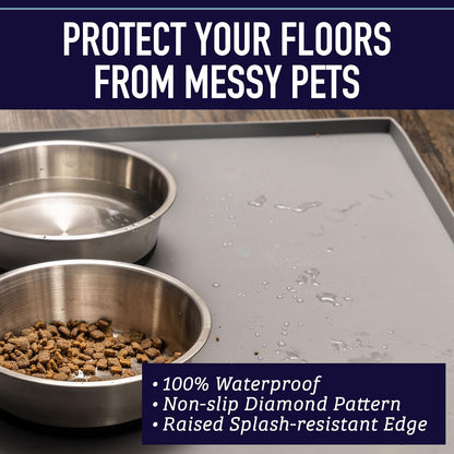 Leash Boss Dog Food Mat for Food and Water Bowls, Waterproof Silicone Pet Feeding Mat for Floors, Extra Tall Raised Edges, Cat and Dog Placemat for Floors, Dishwasher Safe (XXL: 30" x 22" - Navy)