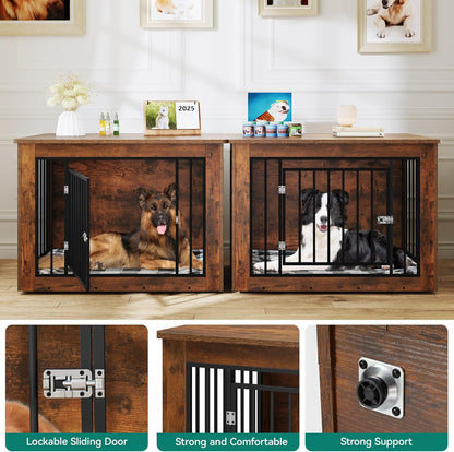YITAHOME 76 Inch Double Dog Crate Furniture, XXL Dog Crate Furniture for 2 Dogs, Side End Table, Waterproof, Safety Corners, 2-in-1 Iron-Wood Fusion Dog Kennel Furniture for 2 Large Dogs,Rustic Brown