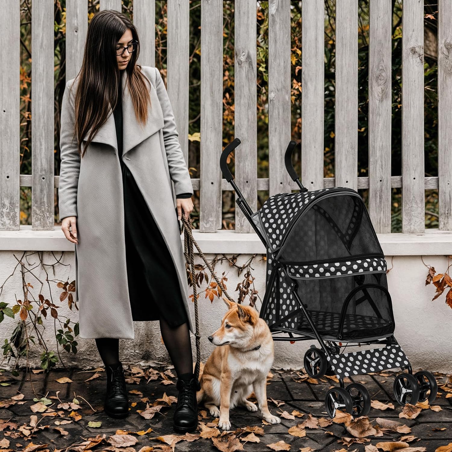 MoNiBloom 4 Wheels Pet Stroller, Easy-Fold Umbrella Shaped Dog Cat Jogger Stroller w/Storage Bag & Visible Mesh for Small/Medium Dogs Cats Black Polka Dots - Pawvie