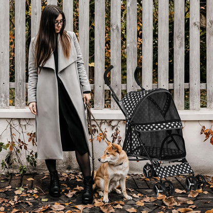 MoNiBloom 4 Wheels Pet Stroller, Easy-Fold Umbrella Shaped Dog Cat Jogger Stroller w/Storage Bag & Visible Mesh for Small/Medium Dogs Cats Black Polka Dots - Pawvie
