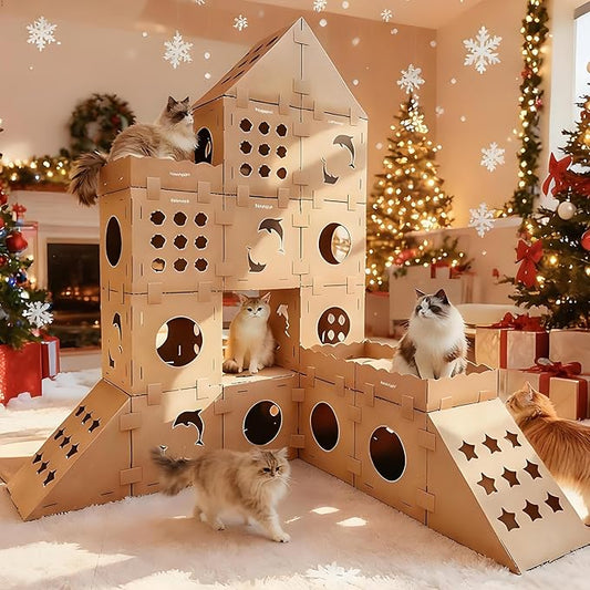 DIY Cat Scratcher Cardboard House, Scratching Cat Play House, a Versatile Box, Indoor Kitty Scratcher Hideout for One or More Cats Brown, Cat Tower Castle Tunnel 10 Parts