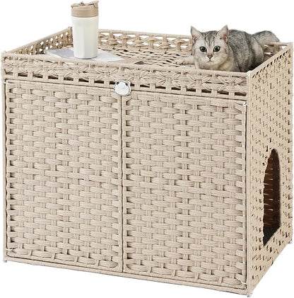 Cat Litter Box Enclosure Furniture, Hidden Litter Box, Cat Litter Box Cabinet with 2 Litter Mats, Handwoven Rattan Large Space Cat House Indoor, Living Room, Bedroom, Apartment Light Khaki