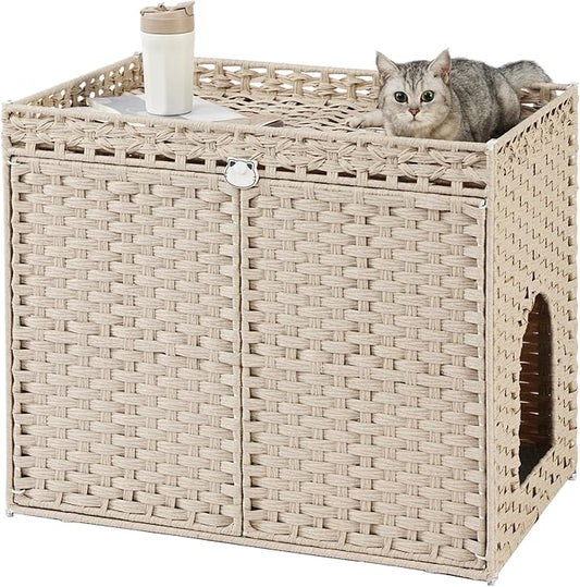 Cat Litter Box Enclosure Furniture, Hidden Litter Box, Cat Litter Box Cabinet with 2 Litter Mats, Handwoven Rattan Large Space Cat House Indoor, Living Room, Bedroom, Apartment Light Khaki