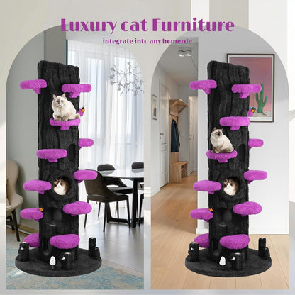 Super Large Cat Tree for Indoor Cats, All-in-One Tall Cats Tower with Scratching Post, Luxury Multi-Level Solid Wood Cat Condo for Multi-Cat Families (Purple)