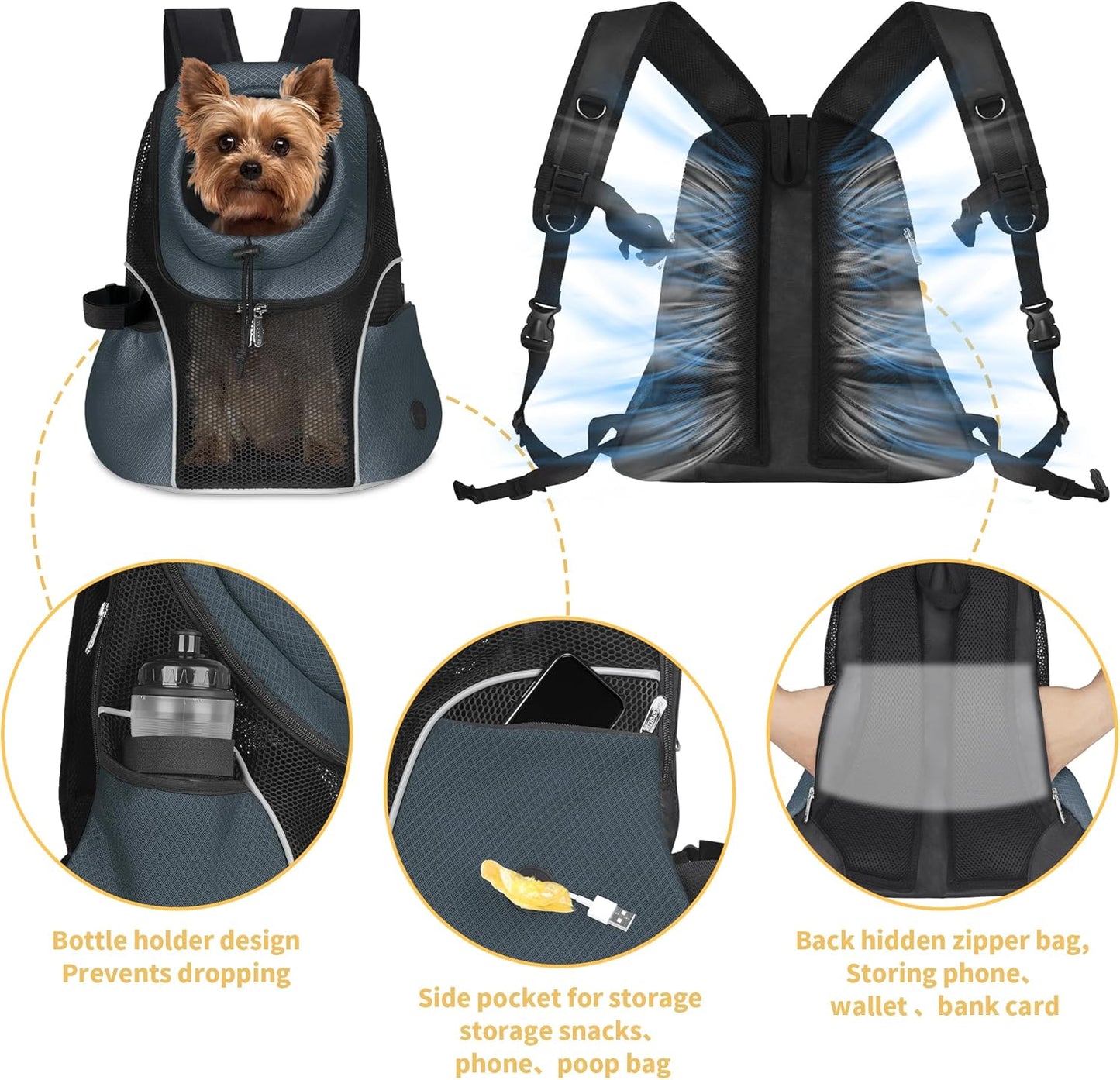 WOYYHO Pet Dog Carrier Backpack Small Dog Front Backpack Ventilated Mesh Dog Travel Back Pack with Safety Belt for Travel Hiking Cycling Outdoor Adventures (Size M: 5-9 lbs, Dark Gray)