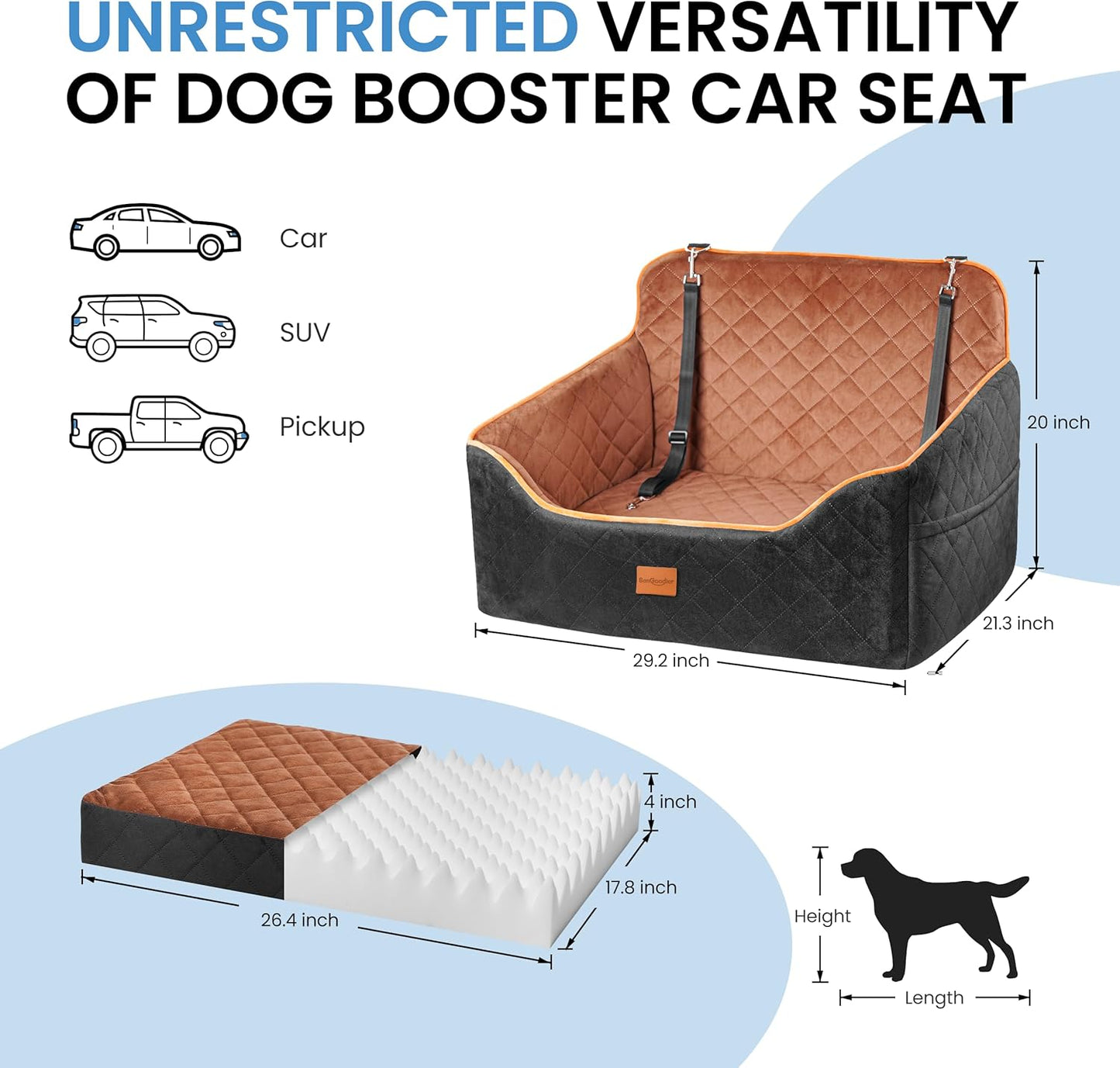 Dog Car Seat for Medium Dogs - Pet Car Seat with 2 Safety Straps & Waterproof Padding, Portable Pet Carrier for Cars, Trucks & SUVs, Comfortable Booster Bed for Pets Up to 55lbs (Black/Coffee) - Pawvie