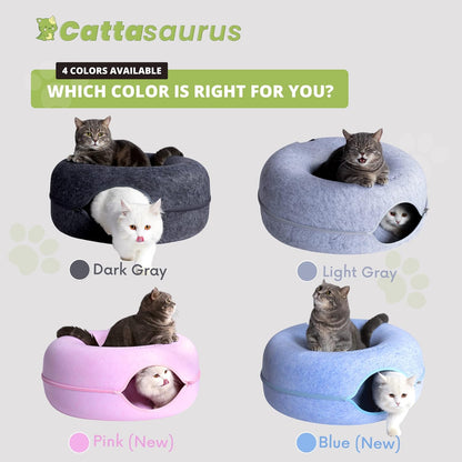 Cattasaurus Peekaboo Cat Cave for Multiple & Large Cats Up to 30-45 Lbs, Scratch Detachable & Washable Tunnel Bed, Comfy Donut Cat Cave (Pink, Large)