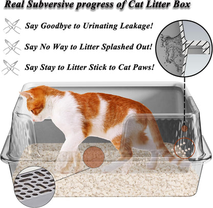 Suhaco Stainless Steel Litter Box Side Entry, Kitty Litter Mat and White Scoop Included Covered Metal High Sided Extra Large Cat Litter Box with Lid Removable Enclosure for Medium Cats (Tall Black)