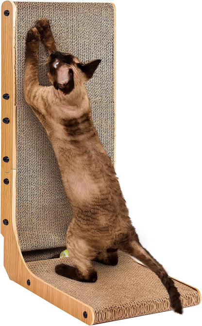 EHEYCIGA Cardboard Cat Scratcher for Indoor Cats, 26.8 Inch L Shaped Vertical Cat Scratching Board with Ball Cat Toy, Large Cat Scratcher Pad, Brown