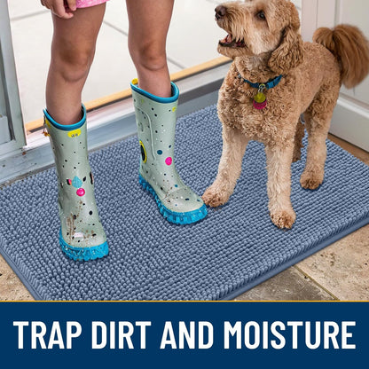 Smiry Dog Door Mat for Muddy Paws 48x30, Absorbs Moisture and Dirt Doormat, Non-Slip Washable Quick Dry Chenille Front Door Mat Indoor Entrance, Entryway Carpet for Inside Floor, Airy Blue