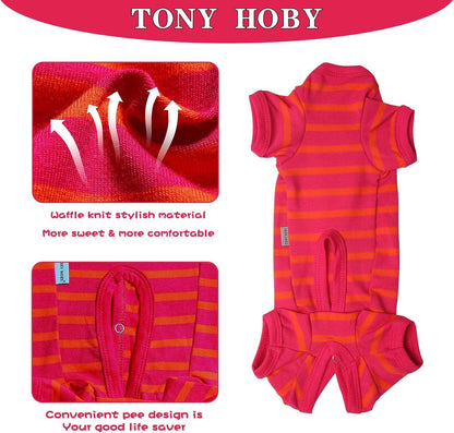 TONY HOBY Female/Male Dog Pajamas, Dog Jumpsuit 4 Legged Pajamas with Stripes, Soft Cotton for Comfortable Sleep (Rose Red&Orange, Boy, XL)