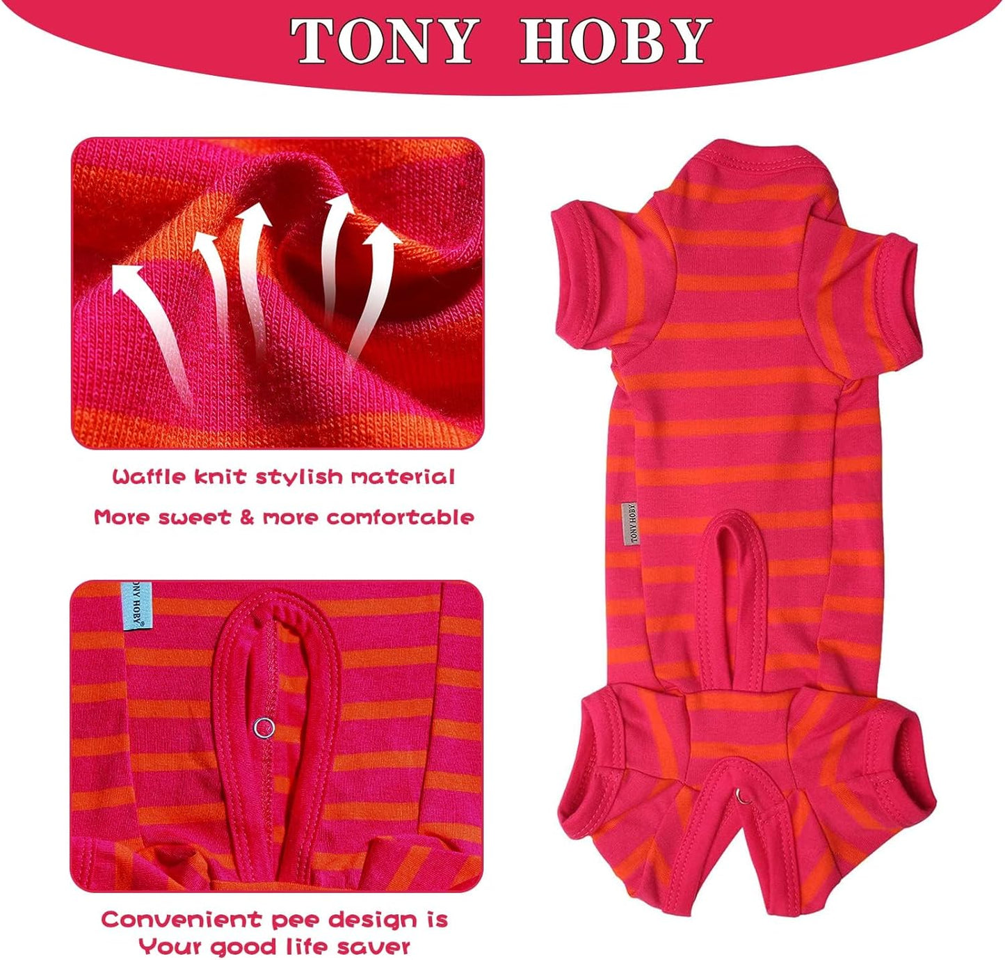 TONY HOBY Female/Male Dog Pajamas, Dog Jumpsuit 4 Legged Pajamas with Stripes, Soft Cotton for Comfortable Sleep (Rose Red&Orange, Boy, L)