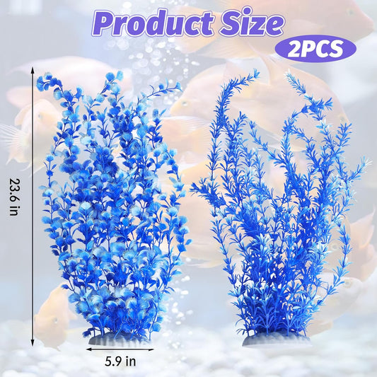 Hamiledyi Aquarium Plastic Plants Aquarium Decor Artificial Fish Tank Plants,Tall Fish Tank Decorations, Extra Large Aquarium Plant 23.6-inch Tall,2PCS(Blue)