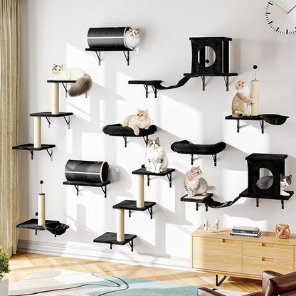 NUNU LAB Wall Mounted Cat Wall Shelves, 14-in-1 Cat Wall Climber with Bridge, Tunnel, House, Scratcher, Steps, Indoor Space-Saving Furniture for Kittens Play, Black