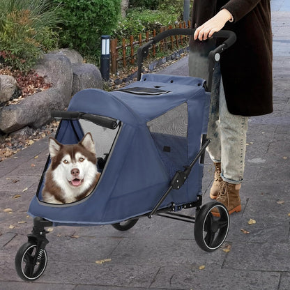 Athena Collection 3 Wheels Pet Stroller Fabric Dog Cart Dog Stroller for Large Dogs 55 Lbs Pet Stroller with Mesh Windows, Zipper Back Pocket, Safety Tether, Angle Adjustable Handlebar, Navy Blue - Pawvie