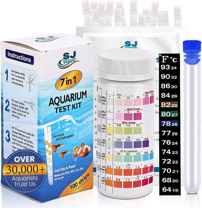 7 in 1 - Aquarium Test Strips | 100 Fast & Accurate Strips | Fish Tank Aquariums Water Test Kit & ebook | Aquarium Thermometer | Fish Tank Water Testing Kit for Fresh & Saltwater | Versatile Usage