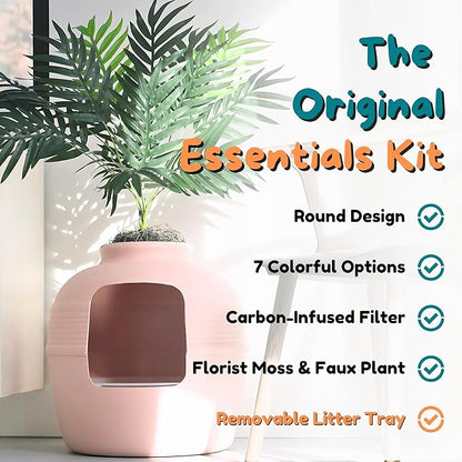 Good Pet Stuff Hidden Litter Box Planter, Decorative Cat Litter Enclosure with Carbon Filter, Artificial Plant, Easy Clean, Indoor Design, Original Round Style, Essentials Kit, Pink Coral