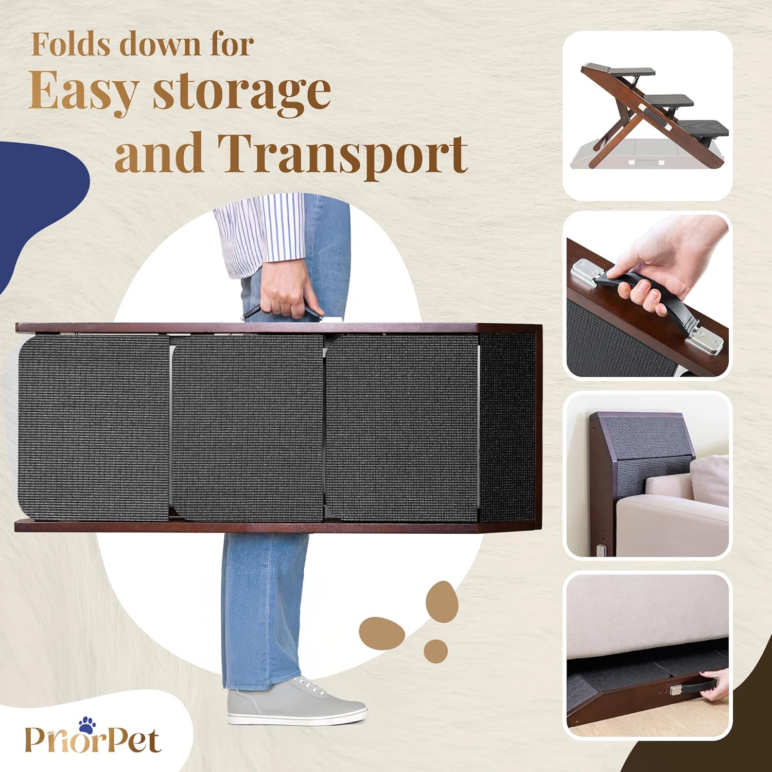 Dog Steps for Bed & Couch 2-in-1 Dog Stairs/Ramp - Height Adjustable Dog Ramp for Couch 7” - 20” - Pet Stairs, Dog Stairs for Small Dogs - Easy to Move Pet Steps with Landing Platform, Walnut - Pawvie