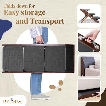 Dog Steps for Bed & Couch 2-in-1 Dog Stairs/Ramp - Height Adjustable Dog Ramp for Couch 7” - 20” - Pet Stairs, Dog Stairs for Small Dogs - Easy to Move Pet Steps with Landing Platform, Walnut - Pawvie