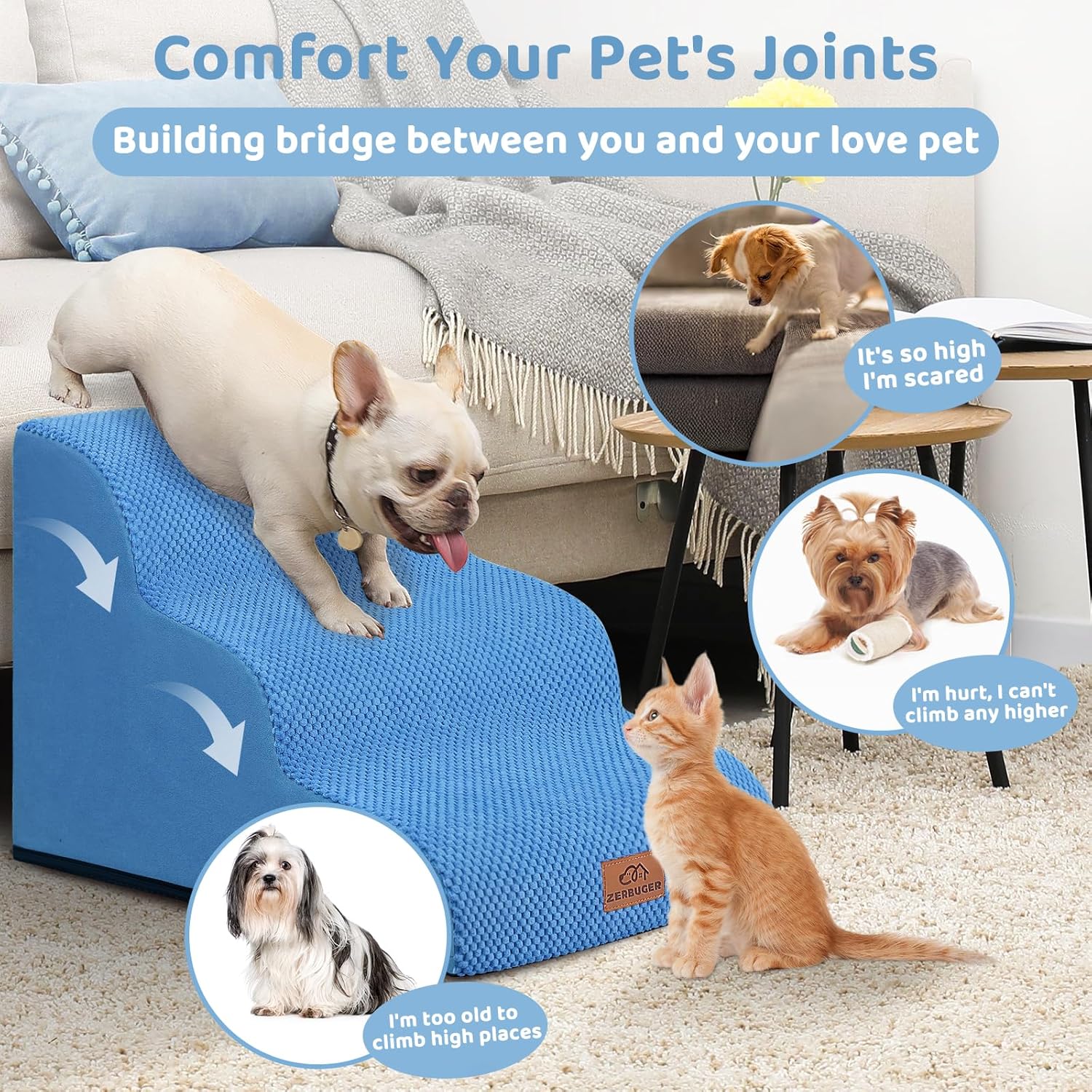 Dog Ramp and Stair for Bed 16" H-20 H,3-Step Cat Stair for Sofa and Chair,4-Step Dog Ramp for High Bed and Window,Durable Nonslip Fabric Cover for Indoor (Blue-16“H, Pet Friendly, 3) - Pawvie