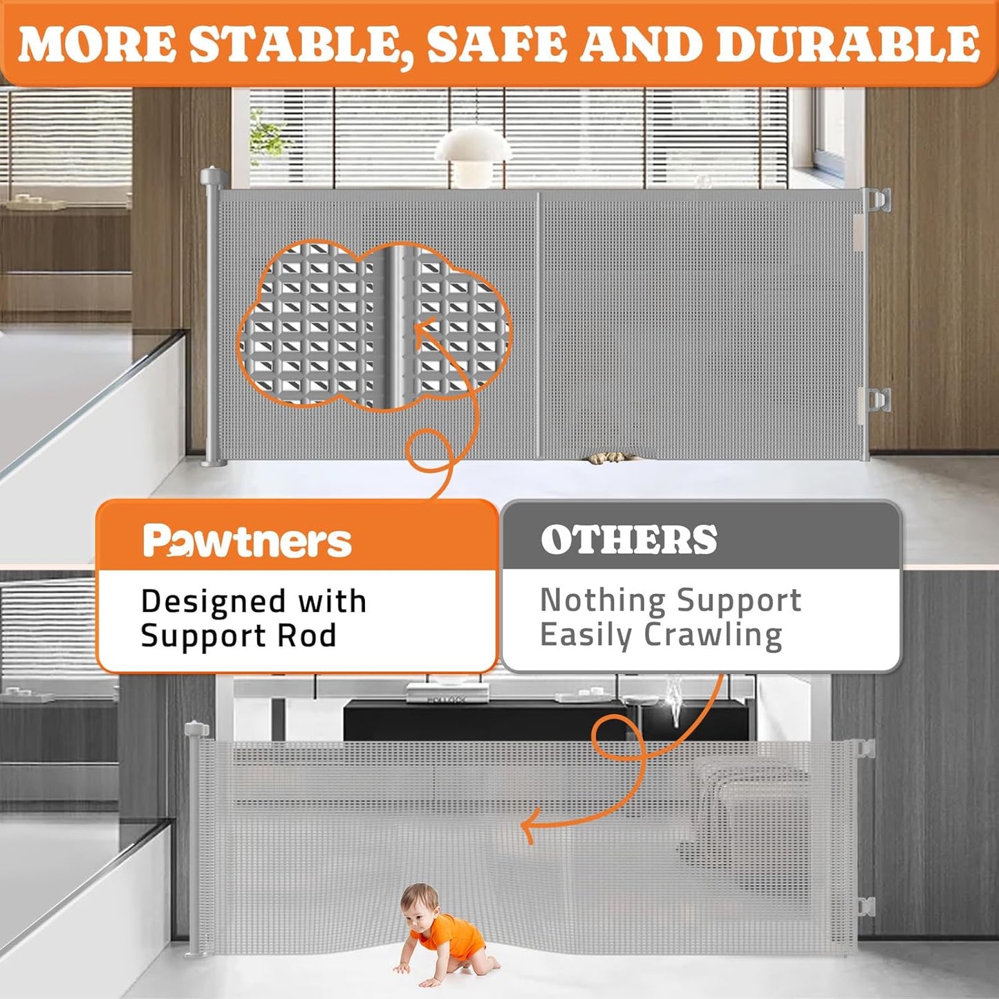 Upgrade Retractable Baby Gates, 35" Tall Extends up to 60" Wide, Mesh Dog Gate Indoor for Stairs, Outdoor Reinforced Pet Gate with Support Rods for Doorways Hallways Kitchen Bedroom, Grey