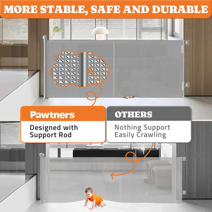 Upgrade Retractable Baby Gates, 35" Tall Extends up to 60" Wide, Mesh Dog Gate Indoor for Stairs, Outdoor Reinforced Pet Gate with Support Rods for Doorways Hallways Kitchen Bedroom, Grey