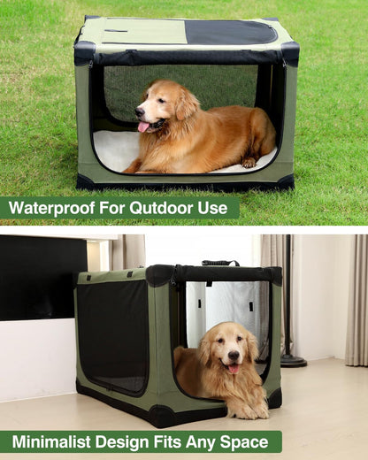 30 Inch Collapsible Travel Dog Crate for Medium Large Dogs, Portable Dog Crate 4-Door Foldable Soft Kennel with Durable Mesh Windows for Indoor & Outdoor Travel, with Storage Bag,Green