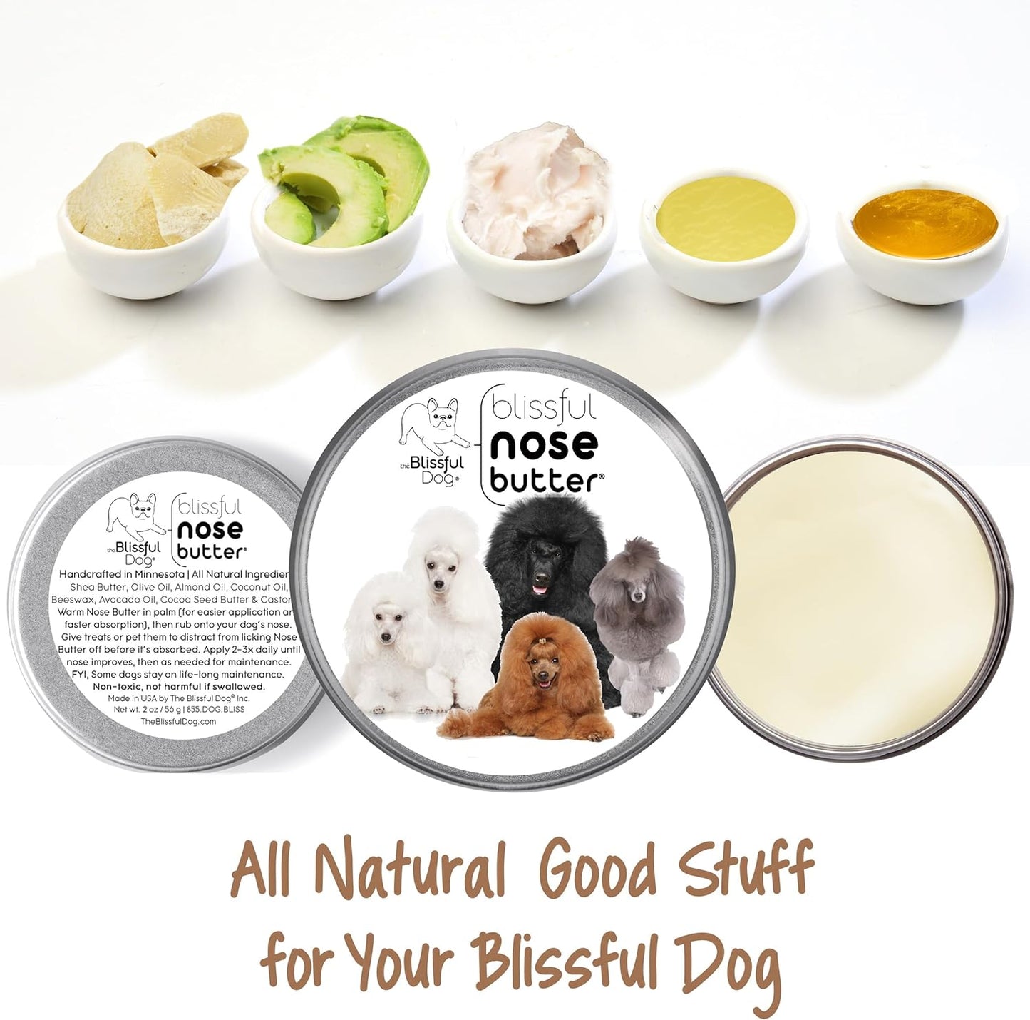 The Blissful Dog Poodle Nose Butter for Dry, Cracked Skin, Lick-Safe Dog Nose Balm with Moisturizing Shea Butter, Almond, Olive, and Essential Oils, Pet Supplies, Uncented, 2 oz.