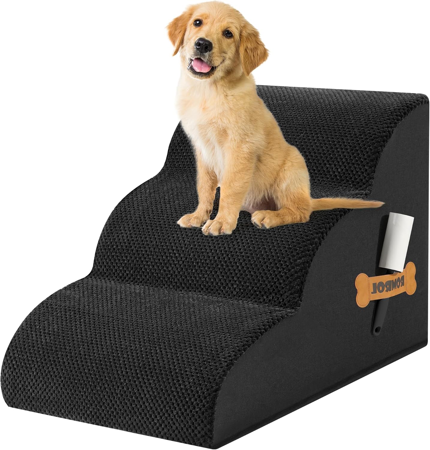 Romrol Dog Stairs Ramp for High Beds Couches, High Density Foam Pet Steps with Durable Non-Slip Waterproof Fabric Cover, Dog Stairs for Small Dogs or Cats or Pets, 3-Step,15 Inch,Black - Pawvie