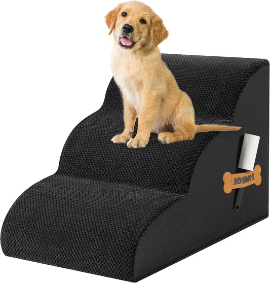 Romrol Dog Stairs Ramp for High Beds Couches, High Density Foam Pet Steps with Durable Non-Slip Waterproof Fabric Cover, Dog Stairs for Small Dogs or Cats or Pets, 3-Step,15 Inch,Black - Pawvie