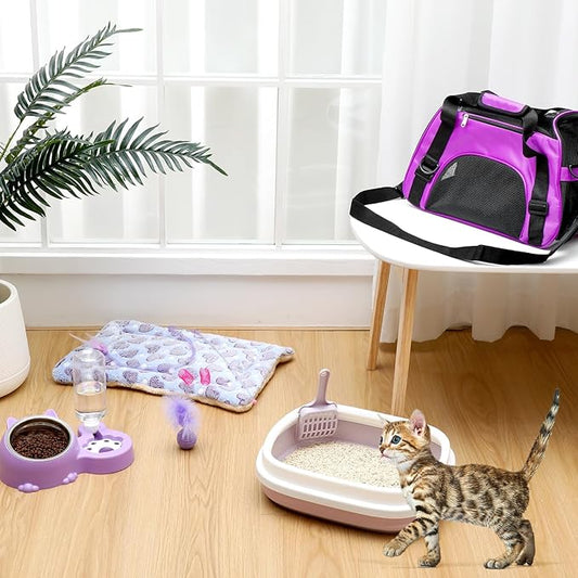 Eccliy Kitten Starter Kit, 10 Pcs Cat Starter Kit for Indoor Cats Kitten Essentials Includes Litter Box, Pet Toy, Folding Carrier, Climbing Frame, Mat, Collar, Automatic Food Bow(Cute,Purple)