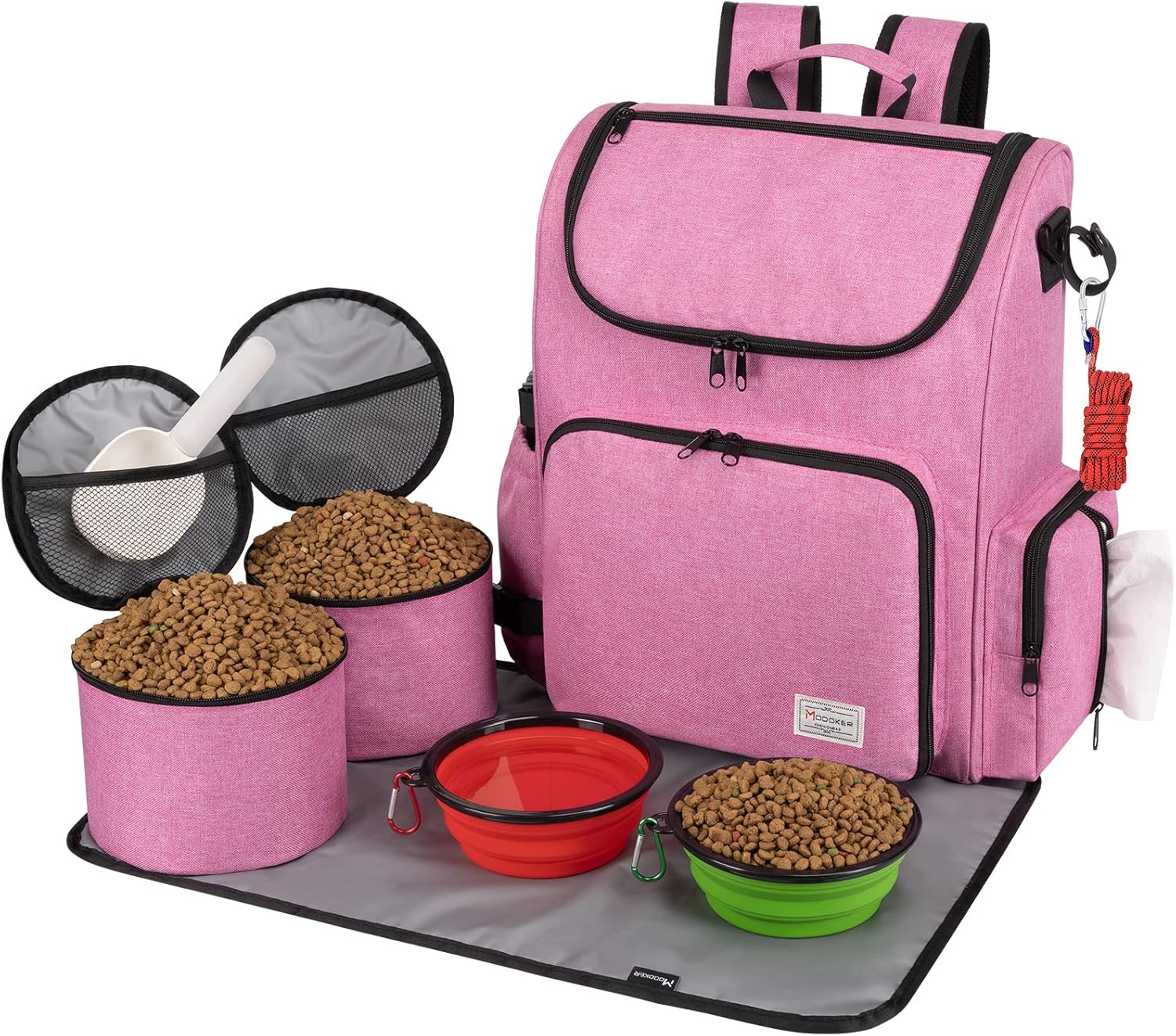 Modoker Dog Travel Bag Backpack, Airline Approved Pet Accessories Organizer for Dog and Cat with Shoulder Strap, 2 Dog Food Storage Containers, 2 Collapsible Dog Bowls,1 Pet Mat, Pink - Pawvie