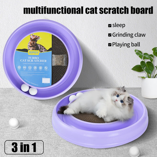 Interactive Cat Scratcher with Two Rotating Balls,Durable Scratch Pad for Indoor Play,Cardboard Cat Scratcher Pad with Cat Toy Ball Track and Catnip,2-in-1 Cat Toy (Purple)
