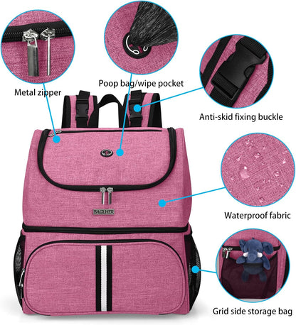 BAGLHER Pet Travel Bag, Double-Layer Pet Supplies Backpack (for All Pet Travel Supplies), Pet Travel Backpack with 2 Silicone Collapsible Bowls and 2 Food Baskets Pink - Pawvie