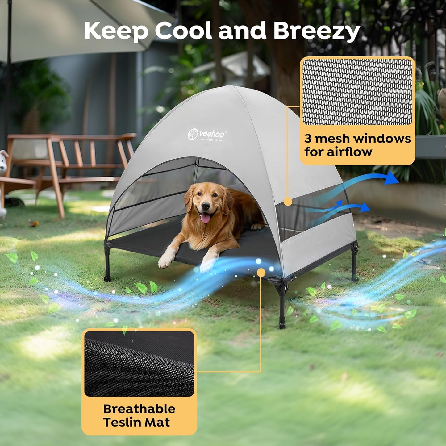 Veehoo Outdoor Dog Bed with Canopy, Cooling Elevated Pet Cot with Removable Shade, Non-Slip Feet, Raised Dog Cot for Large Dogs, Pet Tent Bed for Camping, Beach, Large, Black, CWC2411 - Pawvie