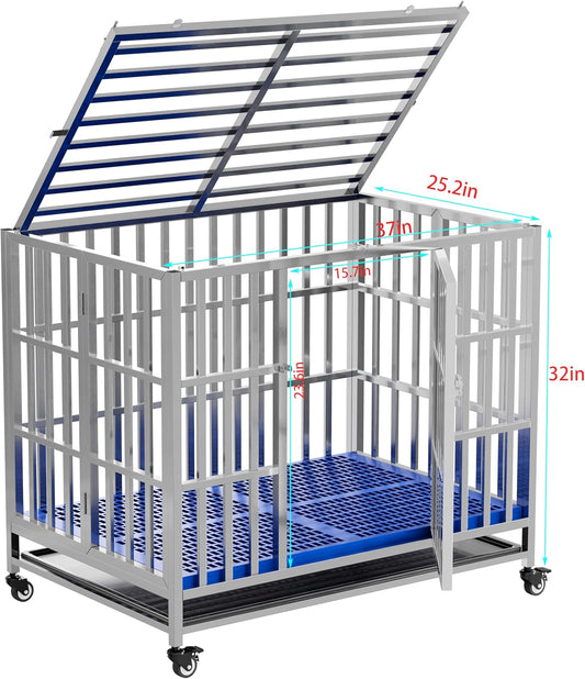 Collapsible Stainless Steel Dog Crate, 30" 37" 42" 48" Sizes, Lockable Wheel, with Tray, Stackable, Heavy Duty, Divider, Indoor and Outdoor (37in)