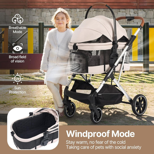 T6 Luxury Pet Stroller for Medium Dogs Up to 66lbs or 2 Small Pets â 3-in-1 Dog & Cat Stroller with Removable Carrier, Foldable & Lightweight (Beige & Net Wall)