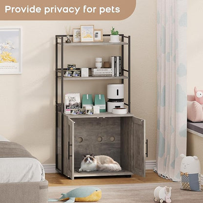 Cat Litter Box Enclosure, Hidden Litter Box Furniture with 3 Storage Shelves and Doors, Rustic Indoor Cat Cabinet, Multi-Functional Storage for Food, Cats Toilet Furniture