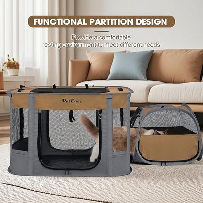Portable Cat Playpen with Litter Box, Cat Enclosure for Camping, Cat Recovery Playpen After Surgery, Foldable Indoor Outdoor Pet Tent for Cats Rabbits Puppies (Brown)