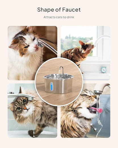 PEKTACO Stainless Steel Cat Water Fountain, 3.2L/108oz Cat Water Dispenser with Quiet Water Pump and Water-Level Window, Dishwasher Safe Pet Drinking Fountain for Cats with 3 Filters + 3 Sponges