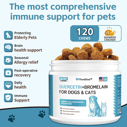 Quercetin for Dogs with Bromelain - Dog Allergy & Itch Relief Chews, Balanced Immune System – Skin & Ear Soothing Support for Yeast Infection, Hot Spots & Seasonal Allergies - 120 Treats