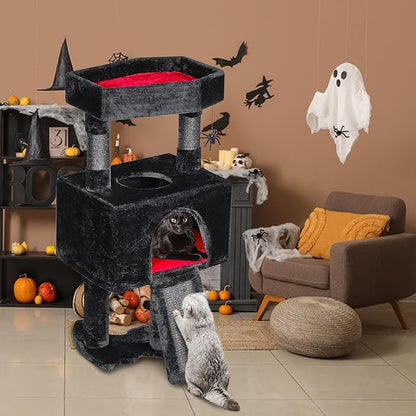 BEWISHOME Cat Tree Tower for Indoor Gothic Cat Trees with Coffin Bed, Cat Condo Cat House with Scratching Posts, Cat Shelves with Spider Toy, Pet Play Activity Center Black with Red, MMJ95R