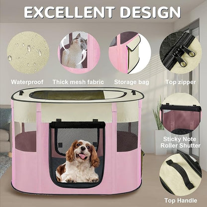 Large Dog Cat Playpen Crate with Waterproof Pad,Portable Collapsible Pet Dog Cat Kennel Cage Tent,Suitable for Indoor Outdoor Travel Camping,Water-Resistant Breathable Shade Cover (Pink L)