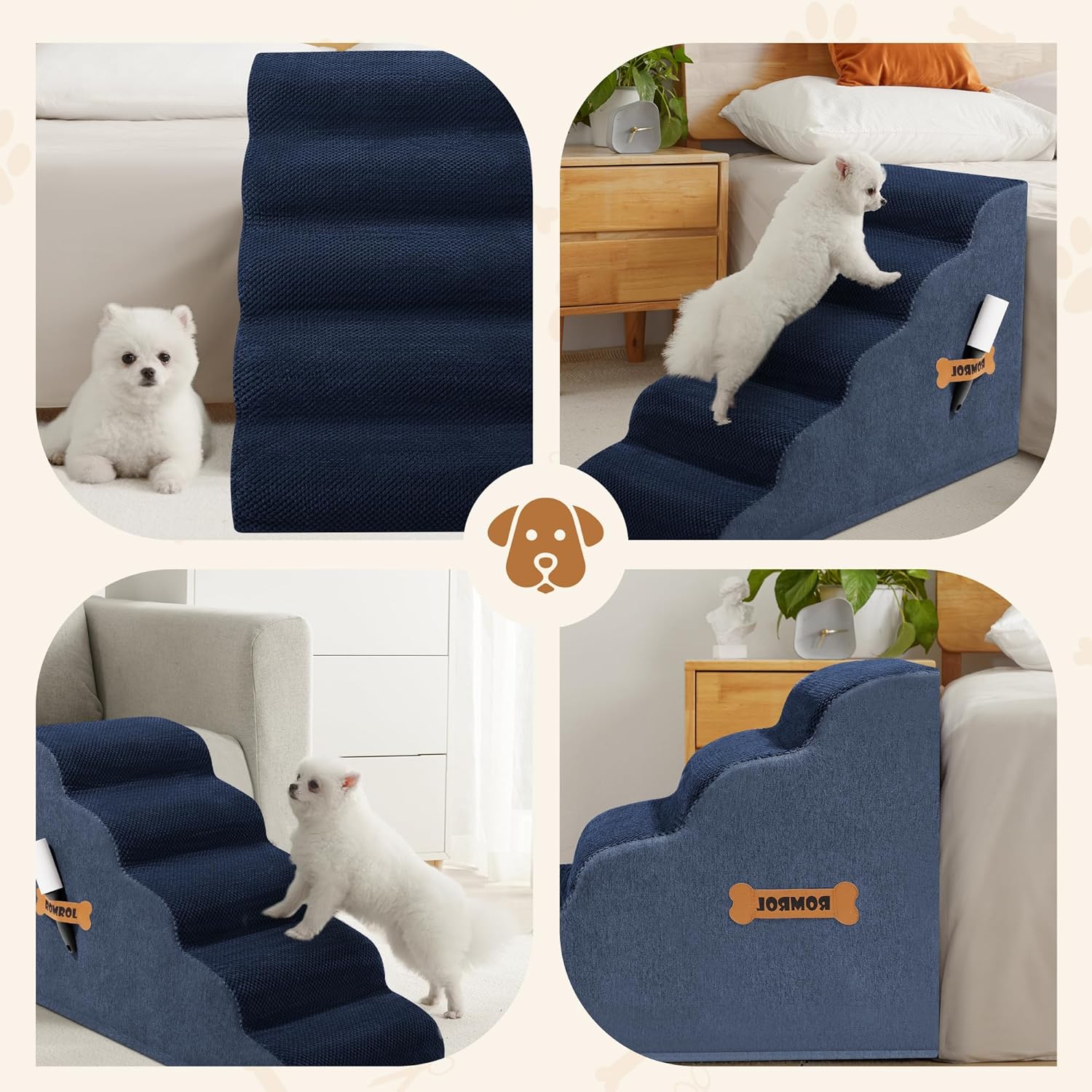 Dog Stairs, Romrol Dog Steps Ramp for High Bed and Couch, Dogs Ramp with Durable Non-Slip Waterproof Fabric Cover, Pet Stairs for Small Dogs and Cats or Pets Joints, 4-TiersNay - Pawvie