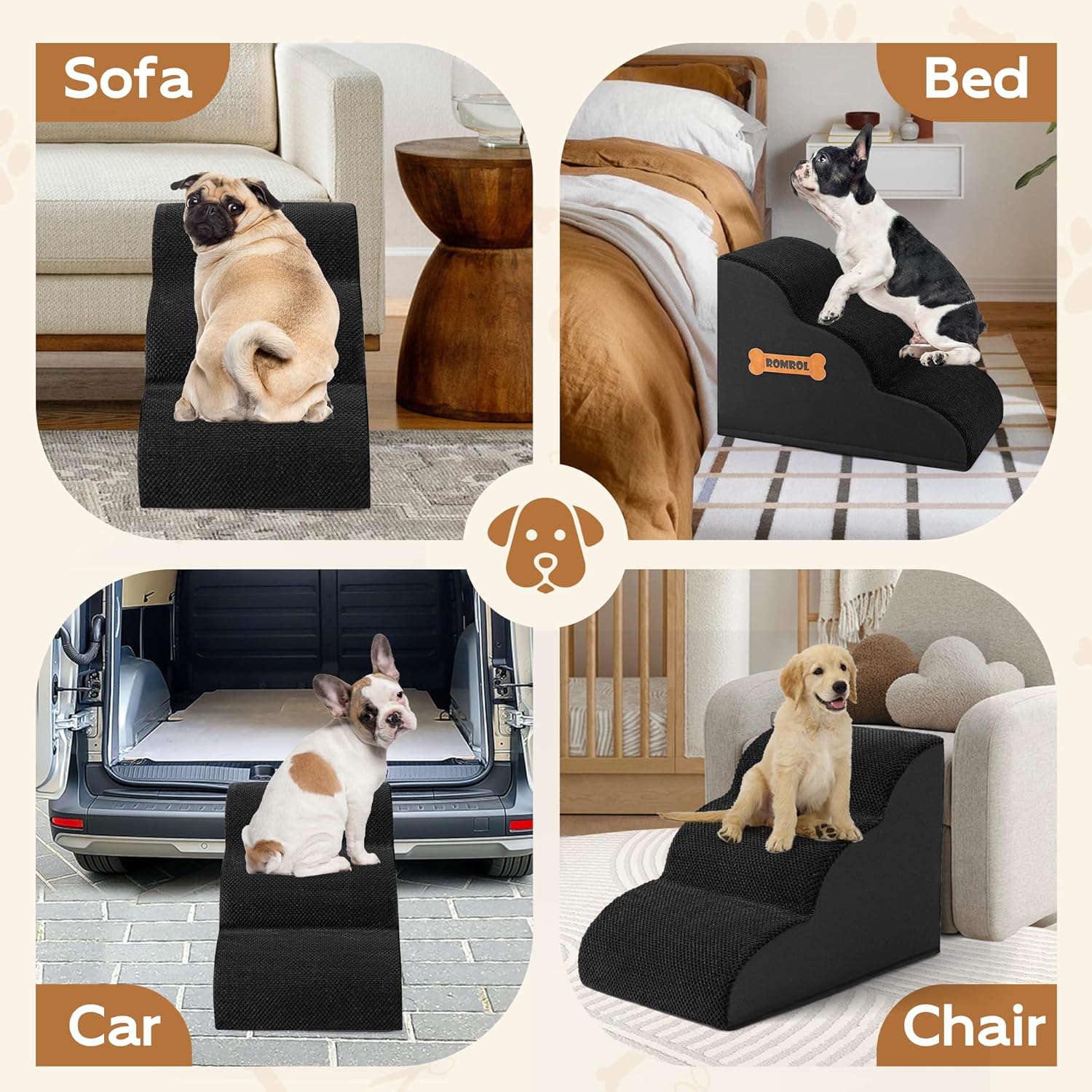 Romrol Dog Stairs Ramp for High Beds Couches, High Density Foam Pet Steps with Durable Non-Slip Waterproof Fabric Cover, Dog Stairs for Small Dogs or Cats or Pets, 3-Step,15 Inch,Black - Pawvie