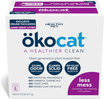 ökocat Less Mess Low Tracking Wood Clumping Cat Litter Mini- Pellets, Unscented, 14.8 pounds - Natural Ingredients, Stops Odor, Clumps Solid, 99% Dust Free, Great for Long-Hair Breeds, All Cats