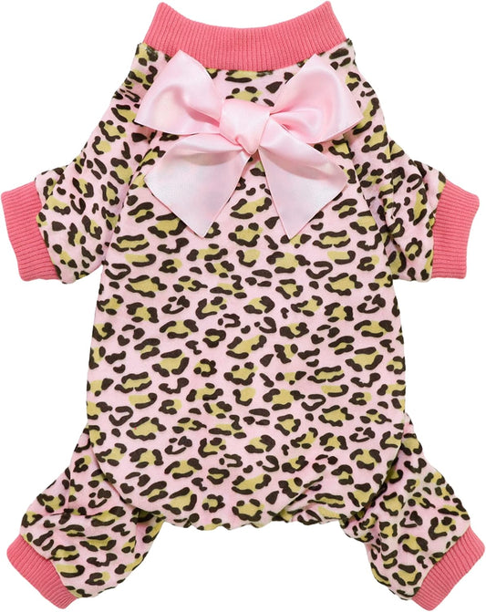 Fitwarm Leopard Dog Pajamas, Fleece Dog Clothes for Small Dogs Girl with Legs, Pet Onesie, Cat Outfit, Pink, XXL
